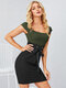 Contrast Color Lace Up Square Collar Mini Sexy Dress - Green