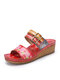 Socofy Bohemian Floral Print Comfy Wedges Adjustable Hook Loop Sling Back Sandals - Red