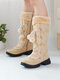 Women Casual Warm Pom Pom Cross Strap Side Zipper Mid Calf Snow Boots - Beige