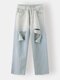 Ombre Ripped Pocket High Waist Loose Straight Leg Jeans - Blue