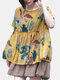Women Flower Print Short Sleeve Loose Blouse - Yellow