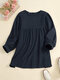 Solid Color Back Button Up Puff Sleeve Round Neck Blouse - Navy