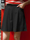 Pantalones cortos casuales de cintura alta plisados sólidos para mujer con bolsillo - Negro