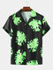 Mens Leaf Pattern Black Short Sleeve Camp Collar Shirt - Black