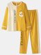 Women Patchwork Cartoon Animal Letter Print Round Neck Cotton Pajamas Set With Chest Pad - Yellow