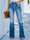 Solid Color Ripped Flared Leg Washed Denim Jeans - Blue