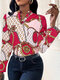 Camicetta a maniche lunghe con colletto alla coreana con stampa a catena per le donne - Rosso