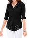Женское кружево в стиле пэчворк с v-образным вырезом и пуговицами спереди, рукав 3/4 Рубашка - Черный