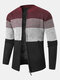 Mens Striped Colorblock Patchwork Zip Plush Lined Warm Knit Cardigans - Wine Red