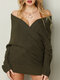 Solid Color Plain Knitted V-neck Loose Long Sleeve Casual Sweater for Women - Khaki