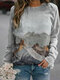 Mountain Landscape Print Long Sleeve Casual Sweatshirt For Women - Gray