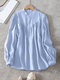Solid Button Front Stand Collar Long Sleeve Blouse - Blue
