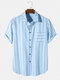 Mens 100% Cotton Striped Plain Casual Short Sleeve Shirts - Blue