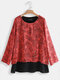 Fake Two Pieces Ethnic Print Long Sleeve Blouse For Women - Red