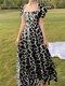 Leopard Print Puff Sleeve Square Collar Swing Maxi Dress - Gray