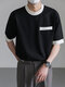 Mens Contrast Patchwork Crew Neck Casual Short Sleeve T-Shirt - Black