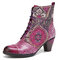 SOCOFY Elegant Flowers Splicing Floral Printed Leather Comfy Round Toe Lace-up Zipper Short Boots - Purple