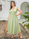 Plus Size Plain Knotted Ruffle Patchwork Short Sleeve Maxi Dress - Green