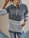 Patchwork Long Sleeve High Neck Zipper Fly Pocket Sweatshirt For Women - Grey