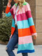 Rainbow Striped Print Long Coat Casual Jacket For Women - Red