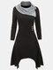 Asymmetrical Patchwork O-neck Long Sleeve Plus Size Button Dress - Black