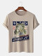 Mens Japanese Cat Print Crew Neck Cotton Short Sleeve T-Shirts - Khaki