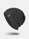 Men Knitted Acrylic Plus Velvet Solid Staircase Pattern Letter Label Warmth Casual Beanie Hat - Dark Gray