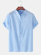 Mens Solid Color Cotton Linen Stand Collar Loose Casual Short Sleeve Shirts - Blue