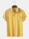 Mens Striped Color Chest Pocket Short Sleeve Shirts - Yellow