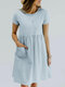 Solid Pocket Ruched Roll Short Sleeve Casual Midi Dress - Light Blue