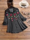 Vintage Flowers Embroidered Lapel Denim Plus Size Shirt - Black