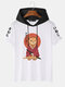 Mens Japanese Warrior Cat Graphic Short Sleeve Hooded T-Shirts - White