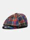 Men Woolen Cloth Cotton Color-match Lattice Vintage Casual Octagonal Hat Newsboy Hat Painter Hat Flat Cap - Navy Cotton