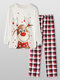 Cute Christmas Elk Print Plaid Pants Loose Home Lounge Pajamas Set - White