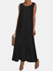 Casual Solid Color Ruffled Hem O-neck Pleated Long Maxi Tiered Dress - Black