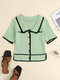 Contrast Color Single Breasted Lapel Color Slit Hem T-shirt - Green