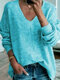 Casual Knit Solid Color V-neck Plus Size Sweater - Blue