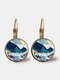 Trendy Metal Round Natural Landscape Print Glass Pendant Earrings - Gold