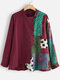 Ethnic Print Patchwork Long Sleeve Vintage Blouse - Wine Red