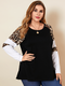 Leopard Print Patchwork Raglan Sleeve Plus Size T-shirt for Women - Black