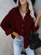 Vintage Corduroy Solid Color Jacket Long Sleeve Ribbed Women Shirt - Wine Red
