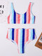 Women Colorful Stripe Wide Straps T-Shirt High Waisted Bikinis Swimsuit - Blue