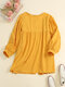 Solid Color Back Button Up Puff Sleeve Round Neck Blouse - Yellow