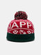 Women Acrylic Faux Cashmere Knitted Snowflake Letters Pattern Fur Ball Decorated Beanie Hat - Red+Letter
