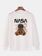 Mens Cartoon Bear Astronaut Print Drop Shoulder Casual Pullover Sweatshirts - White