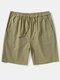 Mens Cotton Linen Solid Color Basics Mid Length Drawstring Shorts - Green