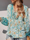 Women Allover Floral Print V-Neck Bohemian Long Sleeve Blouse - Green