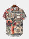 Mens Floral Geometric Print Button Up Short Sleeve Shirts - Khaki