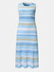 Knitted Stripe Print O-neck Sleeveless Casual Dress for Women - Blue
