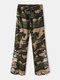 Camouflage Print Floral Embroidered Drawstring Pocket Long Casual Pants - Army green